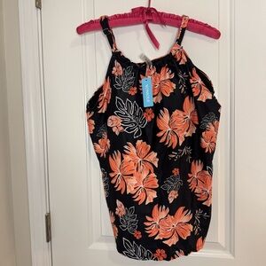 Younique Women's Swimsuit Top Tankini Size 18 Black And  Orange Floral 23 Inche
